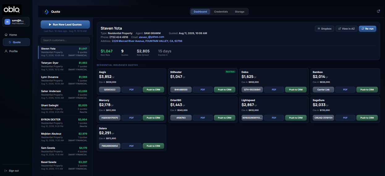 OBLQ Quote dashboard showing multiple residential property insurance quotes for a lead